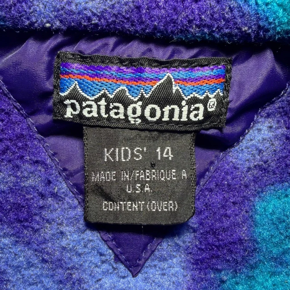 Patagonia Synchilla Snap-T Fleece Pullover Kids 14 Purple Teal Animal Print USA